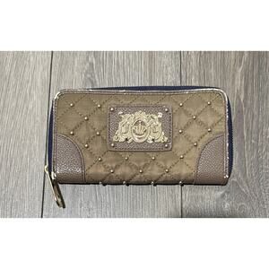 Juicy Couture Brown Quilted Zip Around Wallet Gold Crest Studded EUC